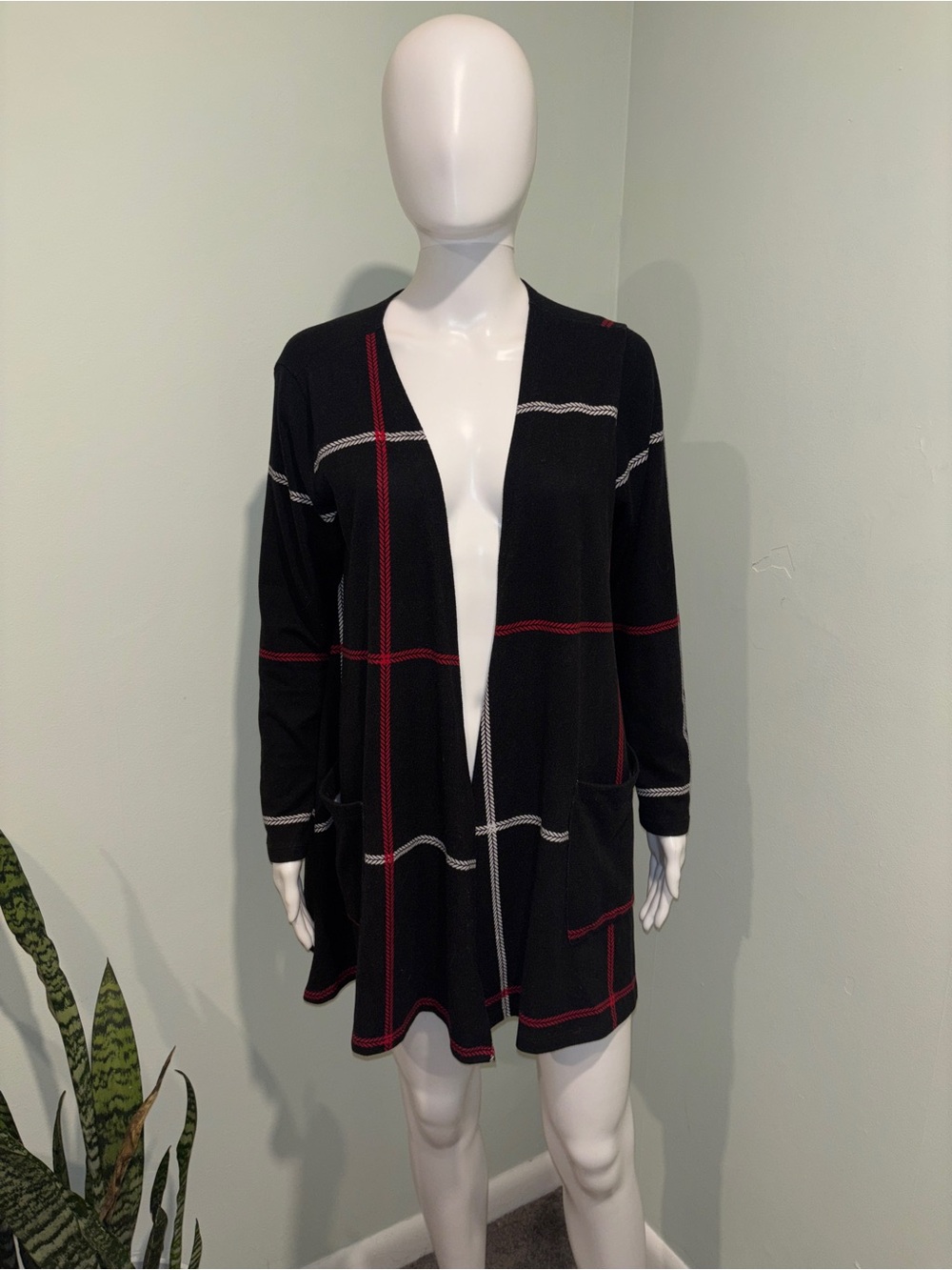 LuLarRoe Black, White, & Red Plaid Long Sleeve Cardigan - M
